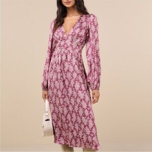 Lulus Graceful Impression Purple and Pink Floral Print Long Sleeve Midi Dress